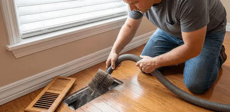 Air duct cleaning technician vacuuming a floor vent and duct opening in Fort Wayne, IN