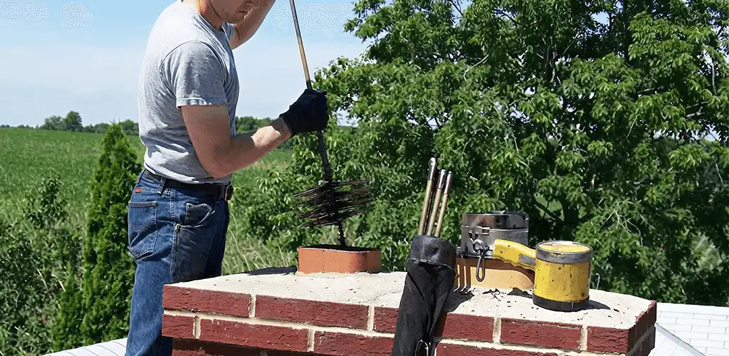 Chimney cleaning technician working on a rooftop chimney with professional tools in Fort Wayne, IN
