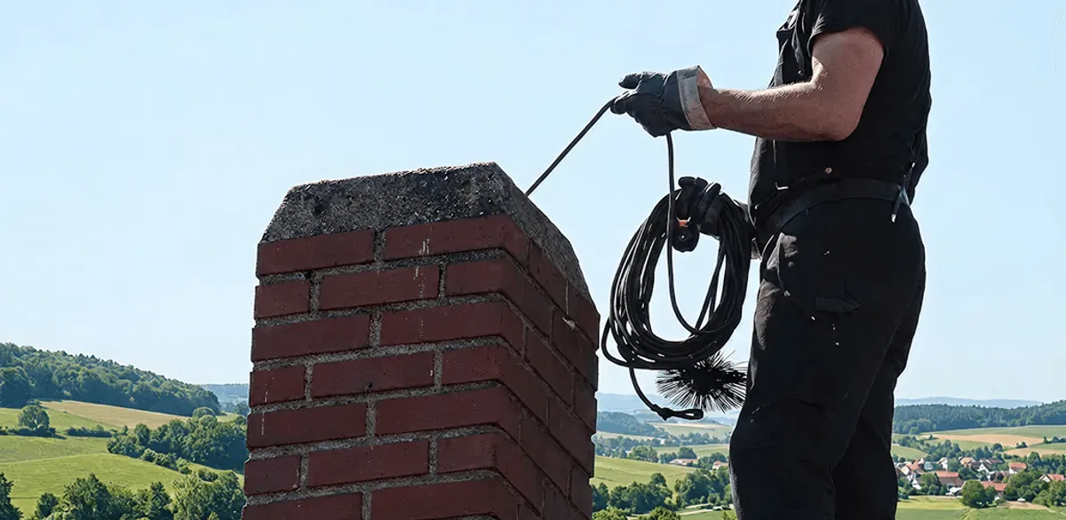 Chimney sweep inspecting and cleaning a rooftop chimney in Fort Wayne, IN