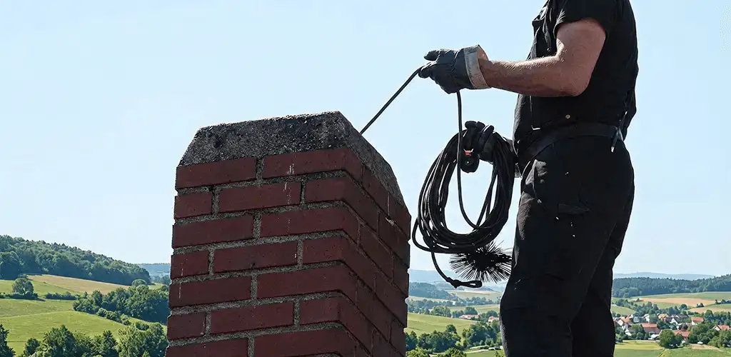 Chimney sweep inspecting and cleaning a rooftop chimney in Fort Wayne, IN
