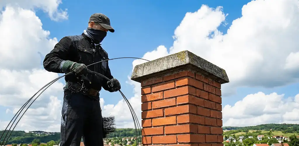 Chimney sweep cleaning a brick chimney with professional tools in Fort Wayne, IN