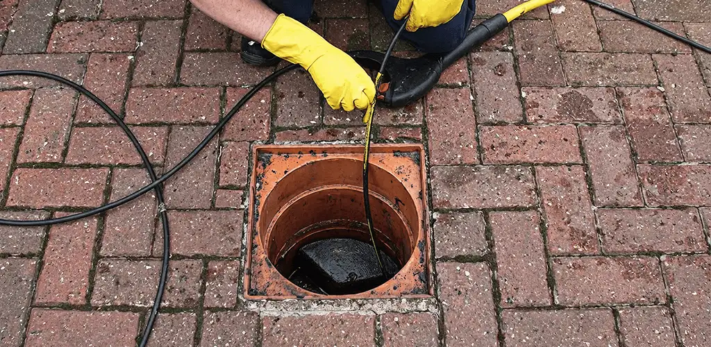 Drain cleaning technician using a drain snake to clear a clogged drain in Fort Wayne, IN