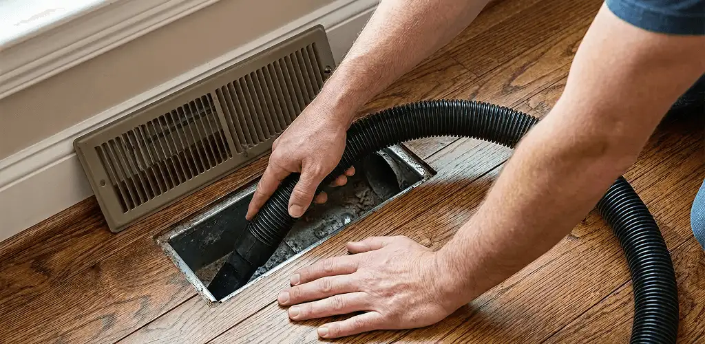 Air duct cleaning technician vacuuming a floor register and duct opening in Fort Wayne, IN