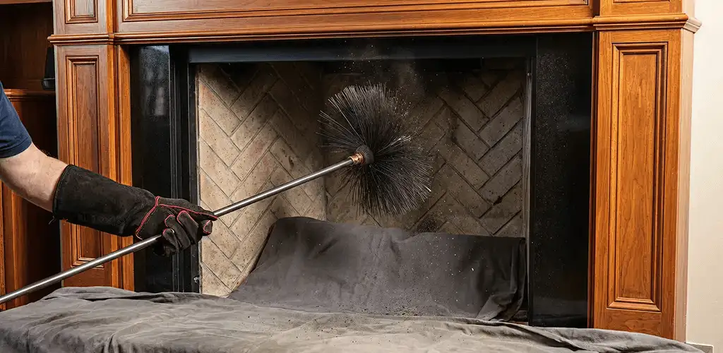 Chimney cleaning service brushing soot from a fireplace and flue in Fort Wayne, IN