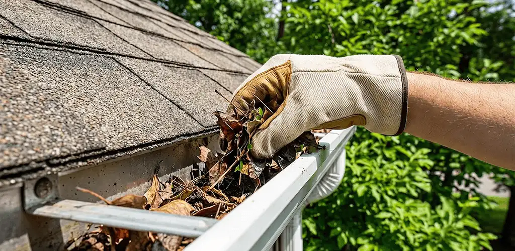 Gutter cleaning removing leaves and debris from roof gutters in Fort Wayne, IN
