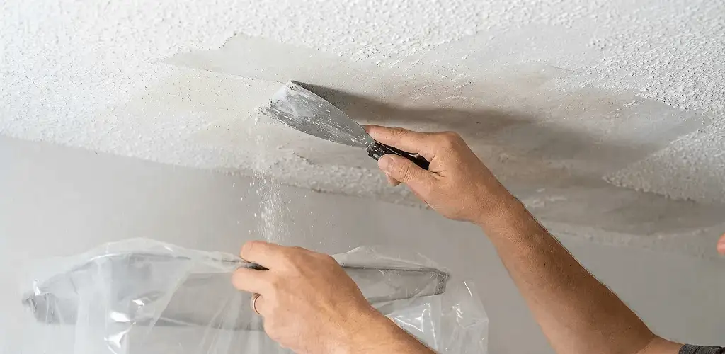 Popcorn ceiling removal technician scraping texture from a ceiling in Fort Wayne, IN