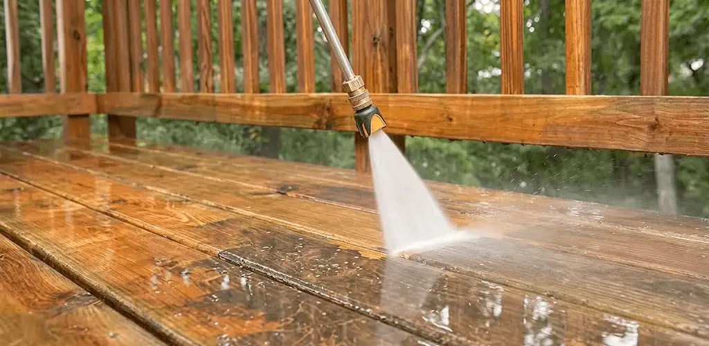 Pressure washing a wood deck to remove dirt and buildup in Fort Wayne, IN