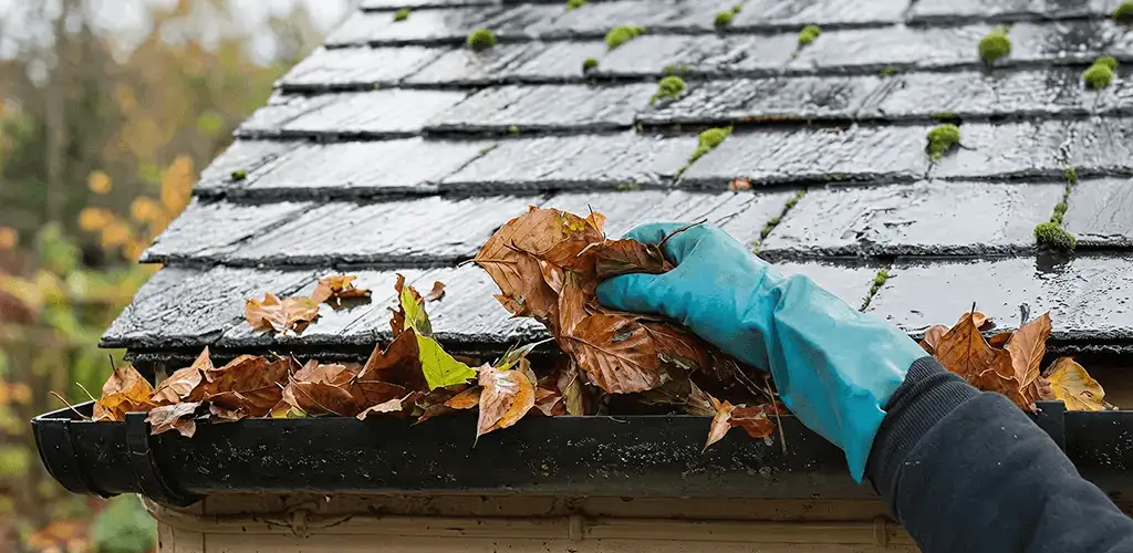 Gutter cleaning technician clearing wet leaves from roof gutters in Fort Wayne, IN