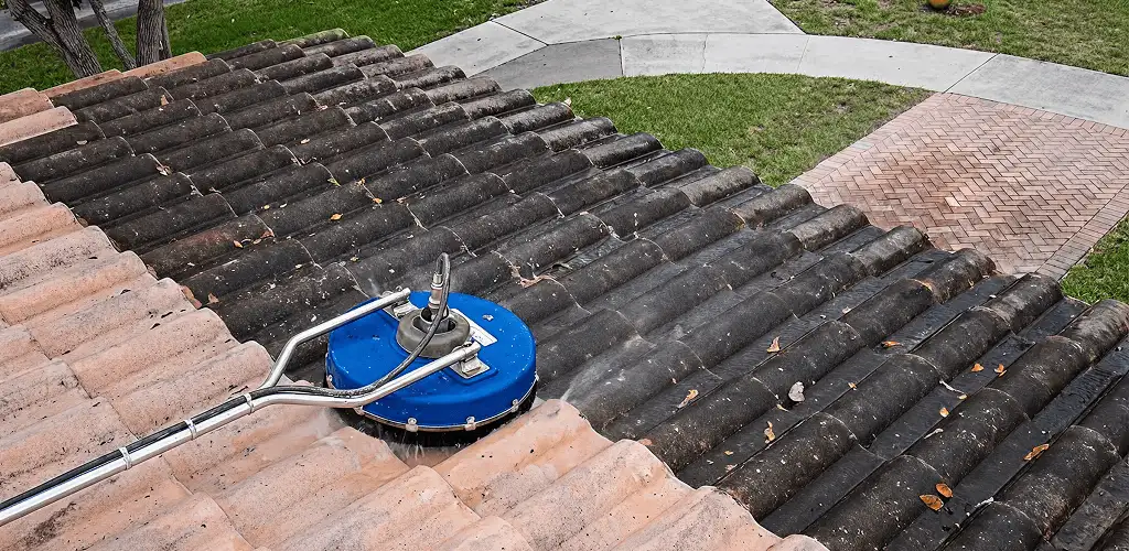 Roof pressure cleaning removing debris and buildup from roof tiles in Fort Wayne, IN