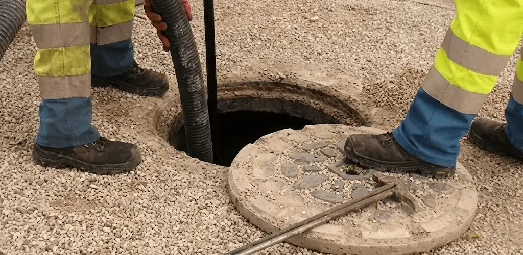 Drain cleaning crew clearing a sewer access point with professional equipment in Fort Wayne, IN