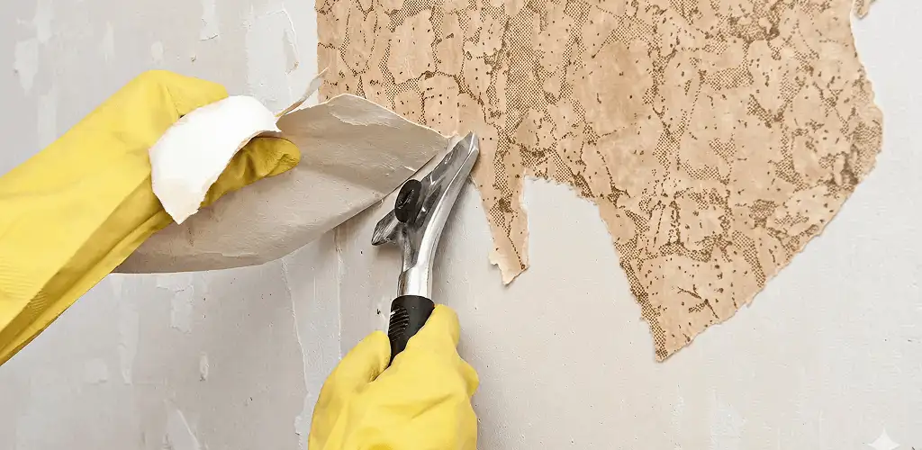 Wallpaper removal service stripping old wallpaper from a wall in Fort Wayne, IN